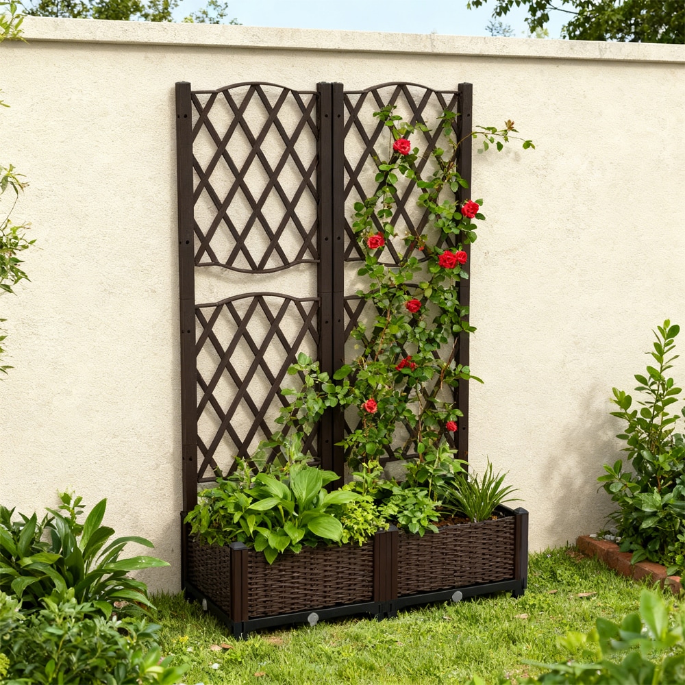 Rattan Raised Garden Bed Set With Trellis For Climbing Plants_voghion.com